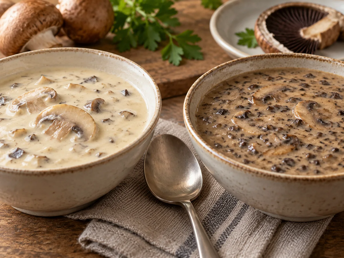 Pale mushroom cream sauce beside a browner sauce containing dark gill fragments