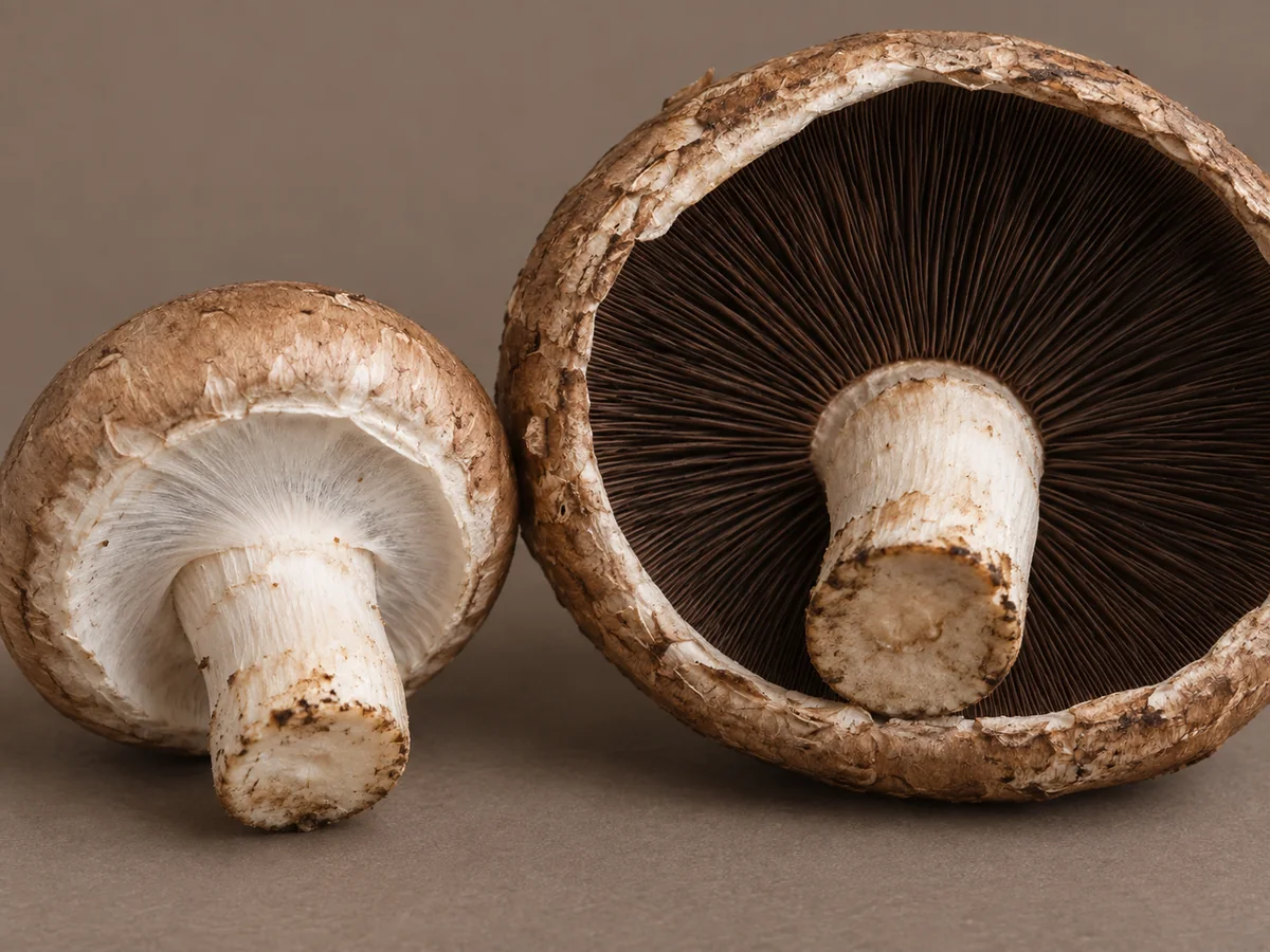 Young brown mushroom underside covered by a pale veil beside exposed mature portobello gills