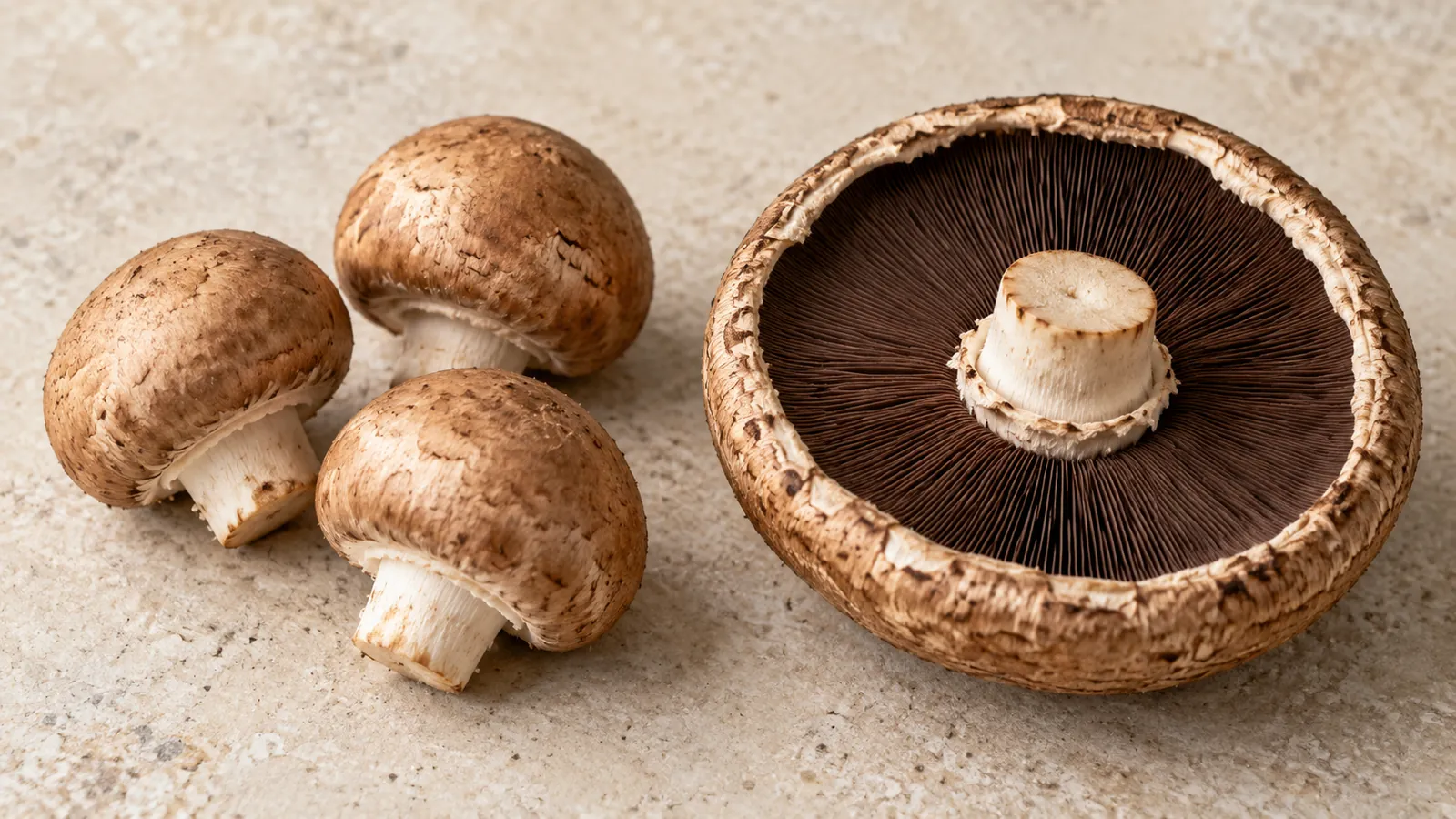 Young brown cremini and a broad mature portobello cap