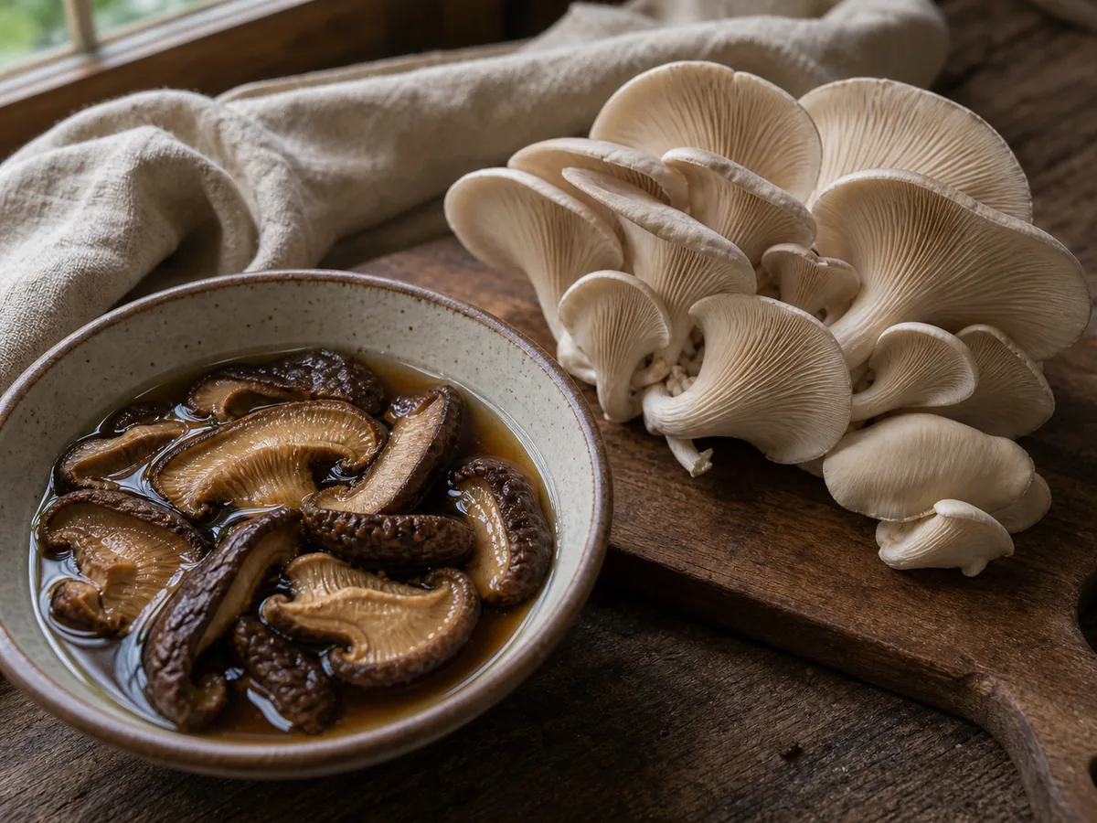 Dried shiitake soaking beside fresh oyster mushrooms