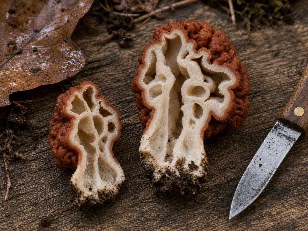 Cut false morel showing chambered and cottony interior