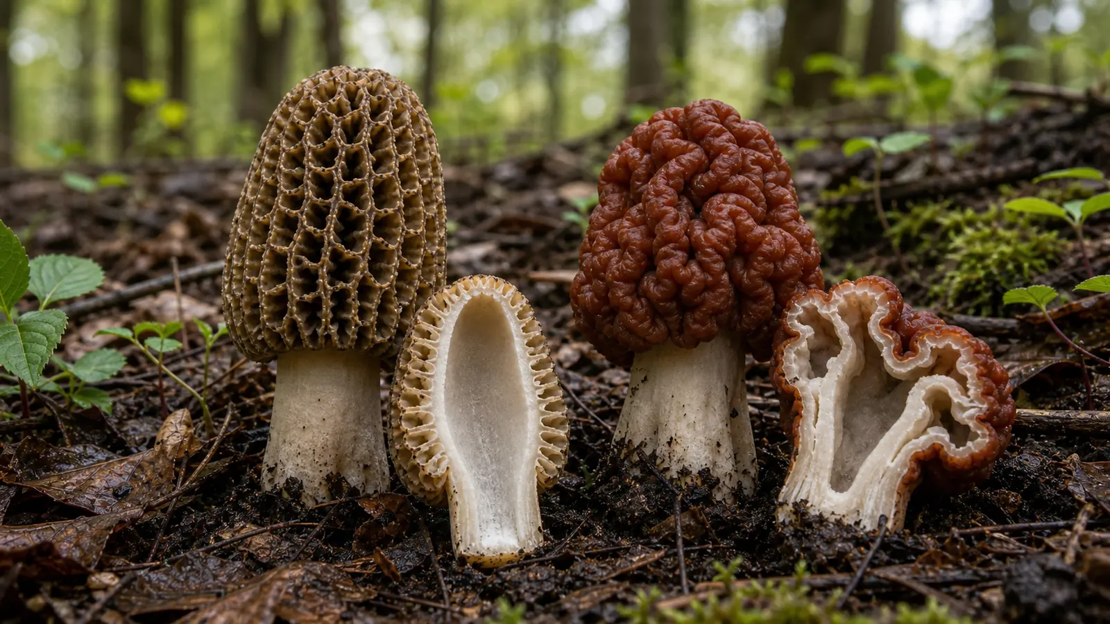 True morel and false morel arranged side by side for safety comparison