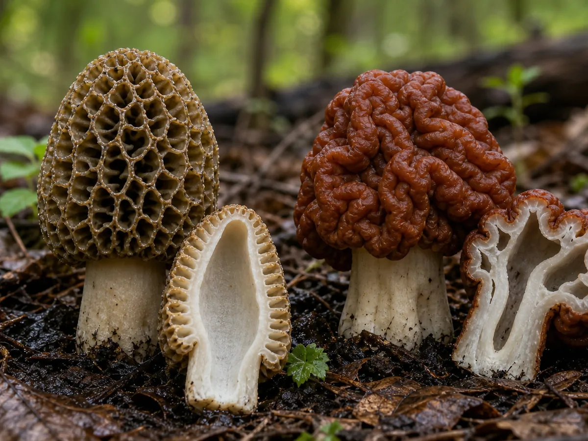 True morel and false morel shown with cut interiors visible