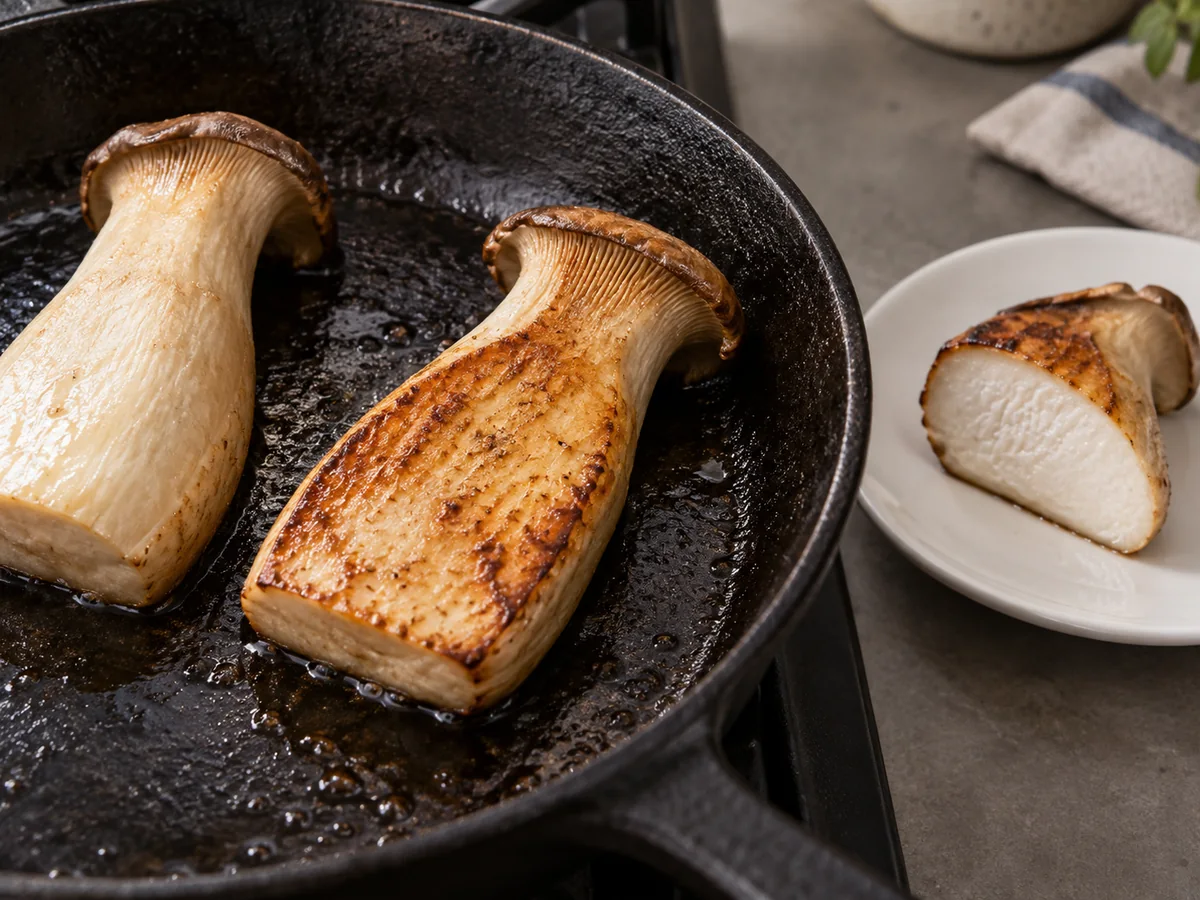 Golden king oyster cut face in a skillet beside a section showing a thick pale center