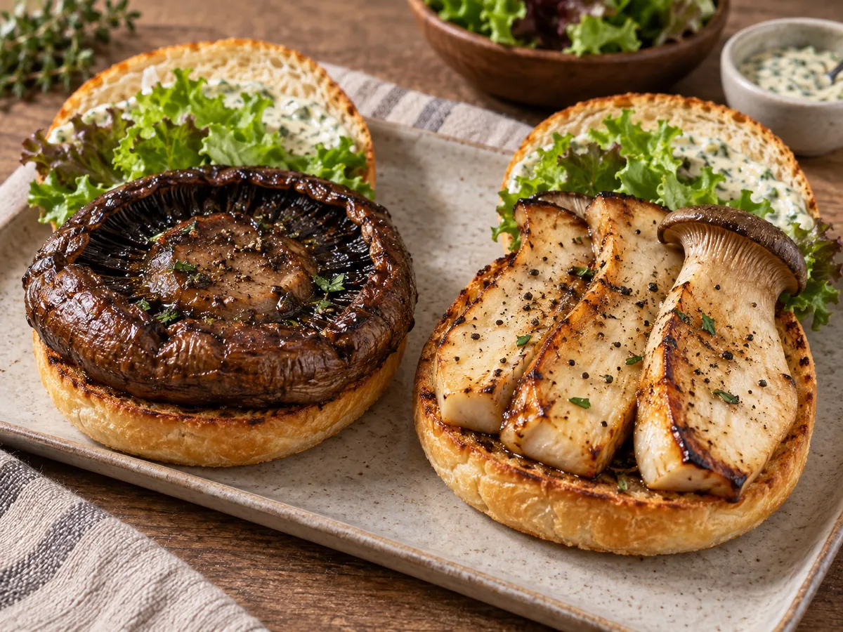 Open mushroom sandwiches showing one broad portobello cap and several overlapping king oyster planks