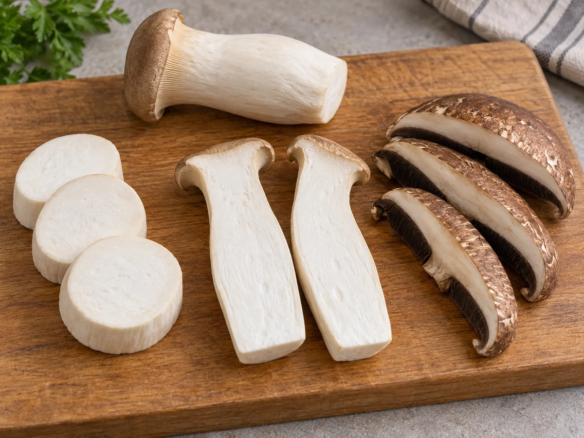 King oyster stem rounds and lengthwise planks beside curved portobello cap strips