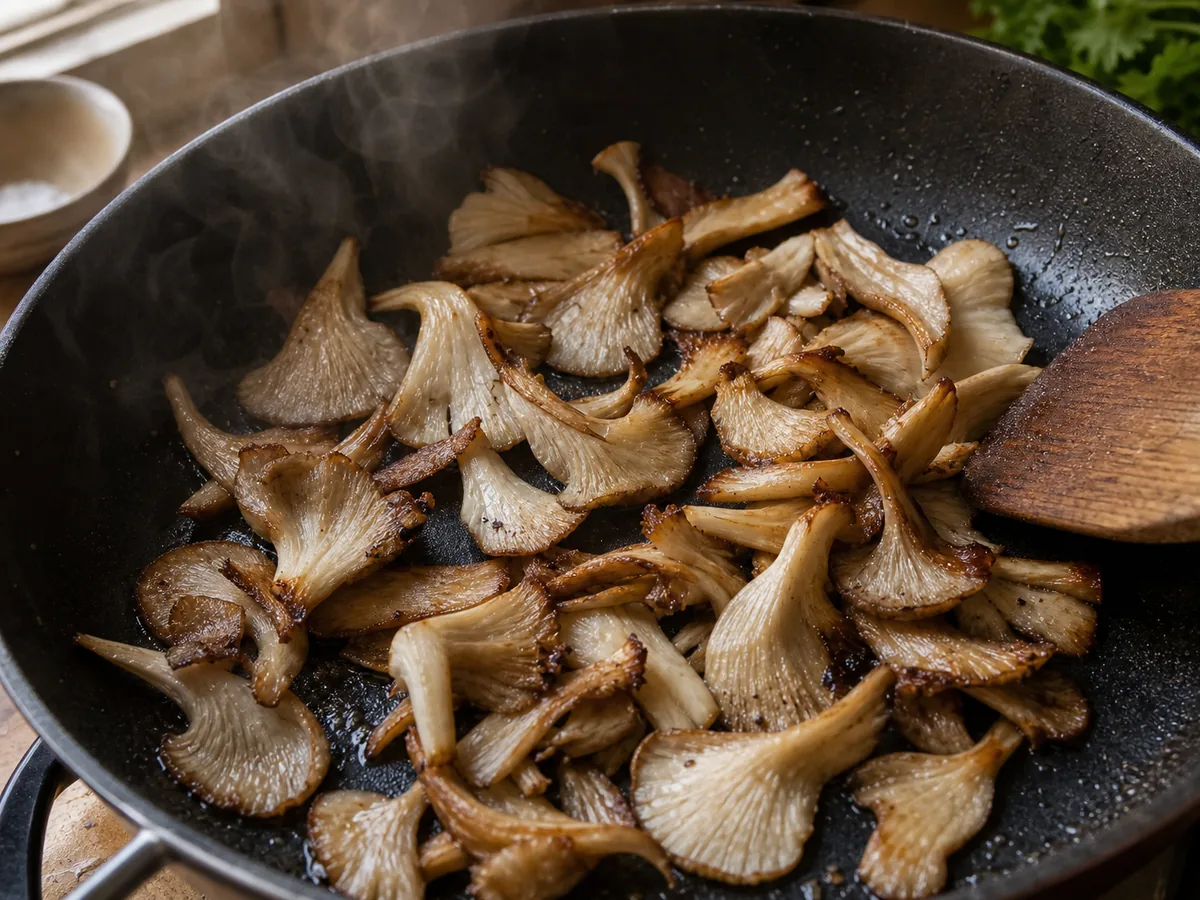 Oyster mushrooms browning quickly in a hot pan