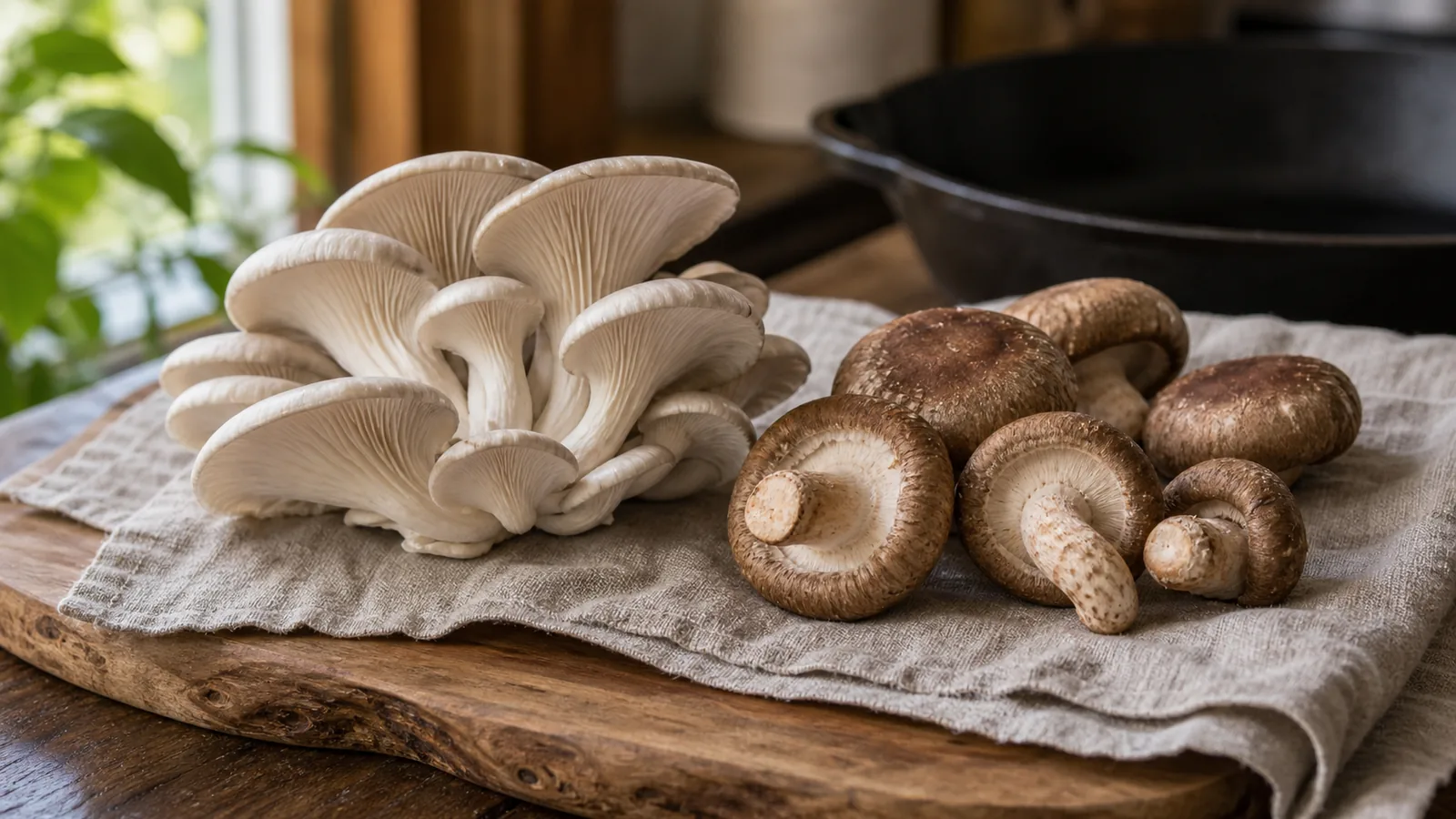Oyster mushrooms and shiitake mushrooms side by side for cooking comparison