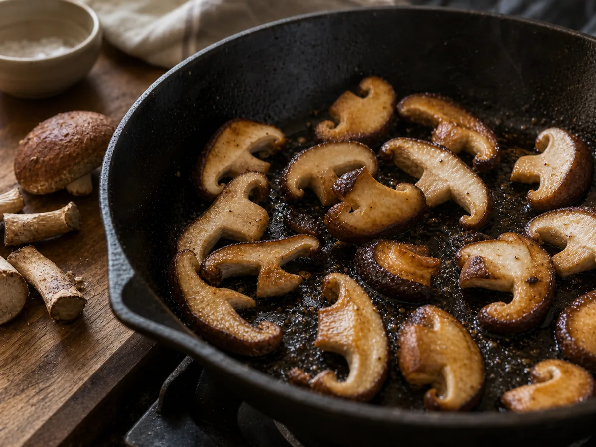 Shiitake caps searing in a skillet with stems set aside