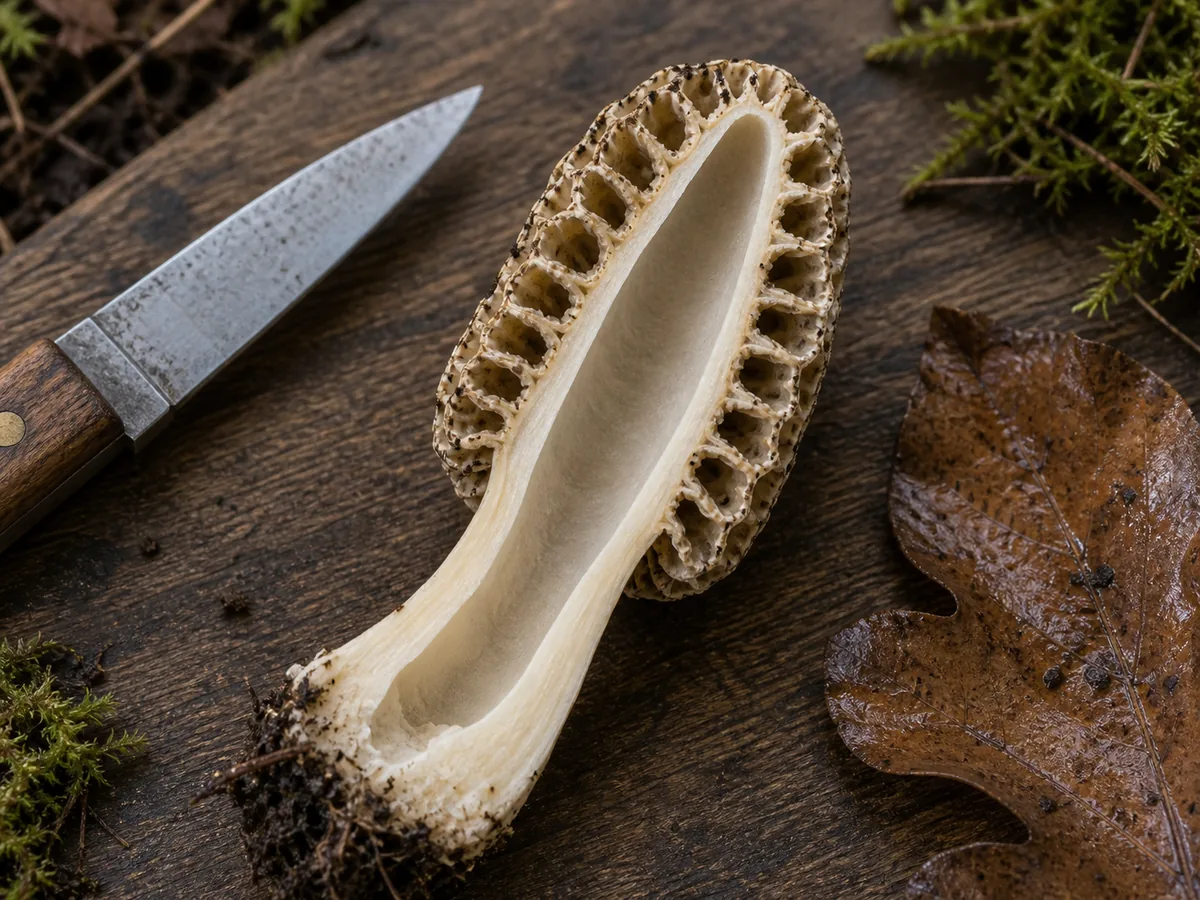 Lengthwise cut true morel showing one hollow chamber