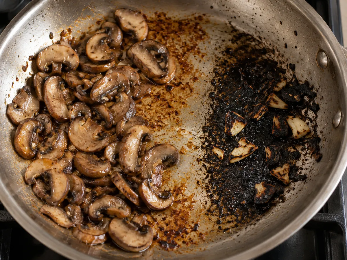 Golden mushroom fond beside blackened garlic and scorched residue in a stainless pan