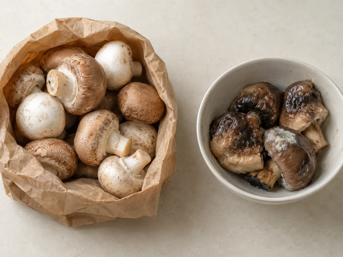 Firm dry cultivated mushrooms beside mushrooms with slime, decay spots and visible mold