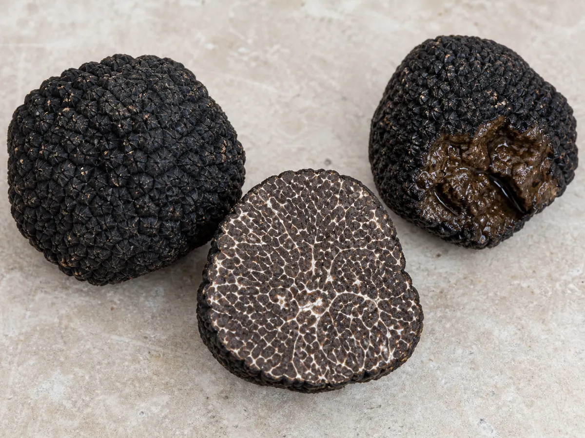 A firm fresh black truffle beside a cut specimen showing sound dark marbled flesh, contrasted with a wet soft damaged patch