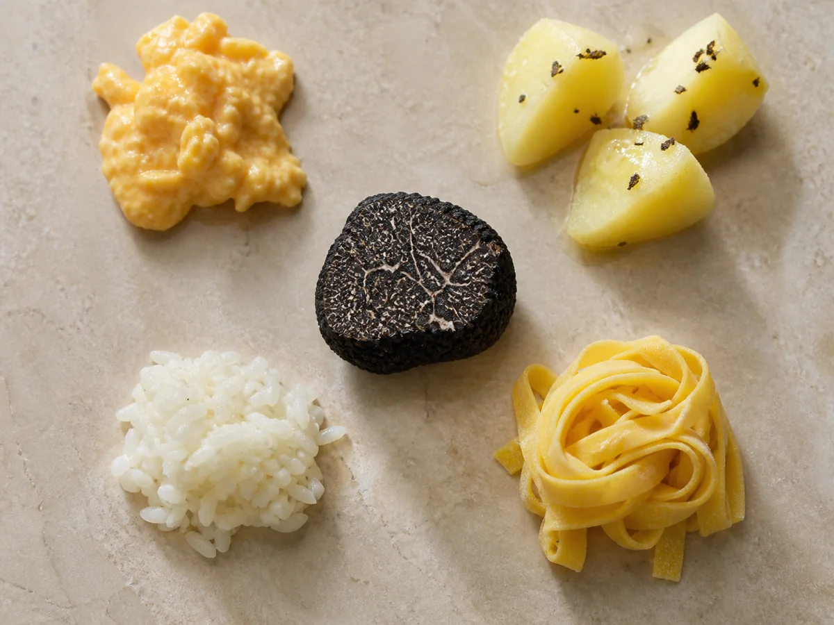 A cut black truffle with pale marbling surrounded by small portions of soft egg, buttered potato, fresh pasta, and rice