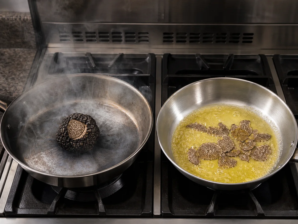 Two pans side by side, one smoking with truffle exposed to direct heat and one off the burner with truffle folded into warm butter