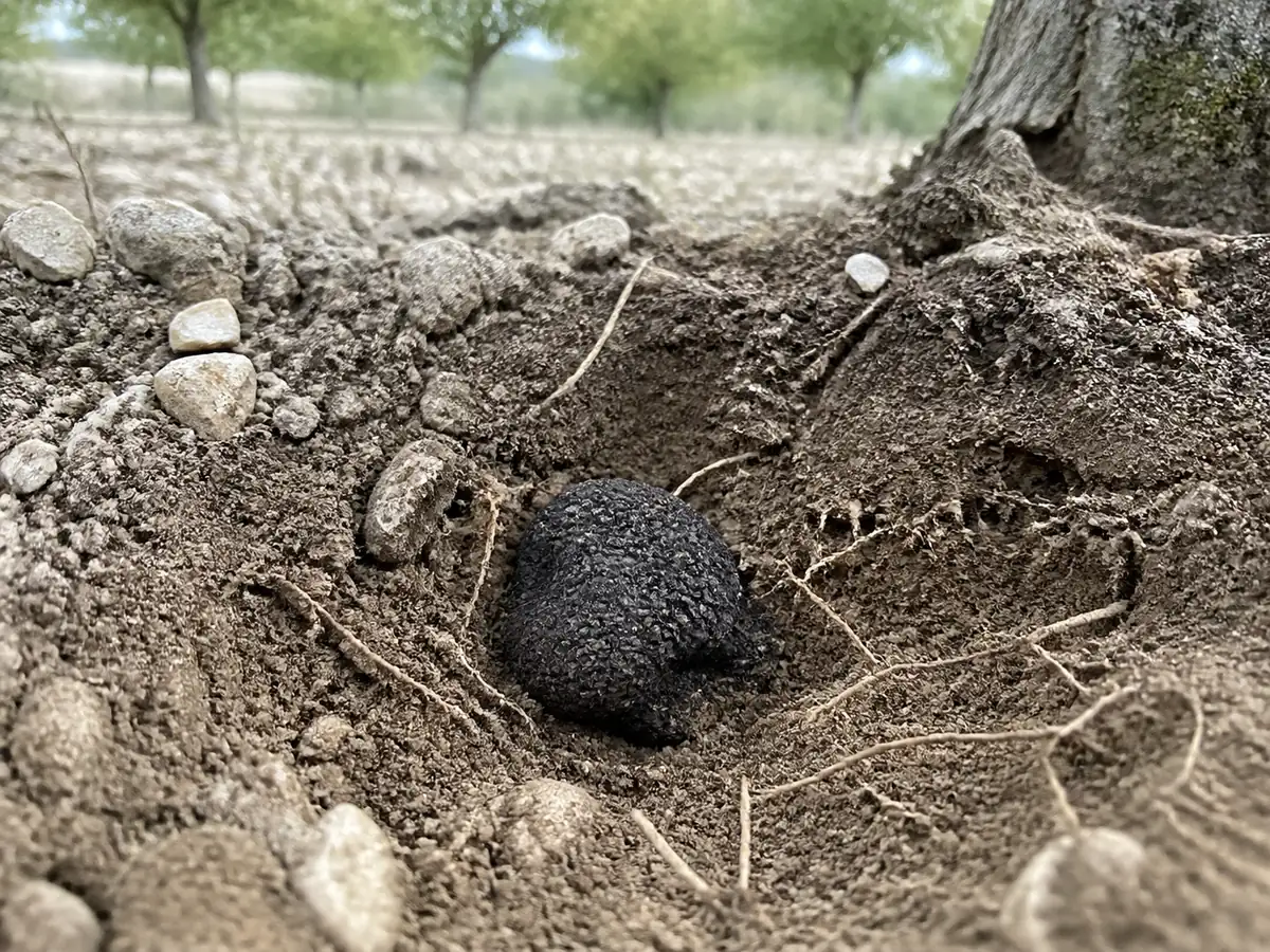 A mature black truffle partly revealed in limestone-rich orchard soil near fine tree roots