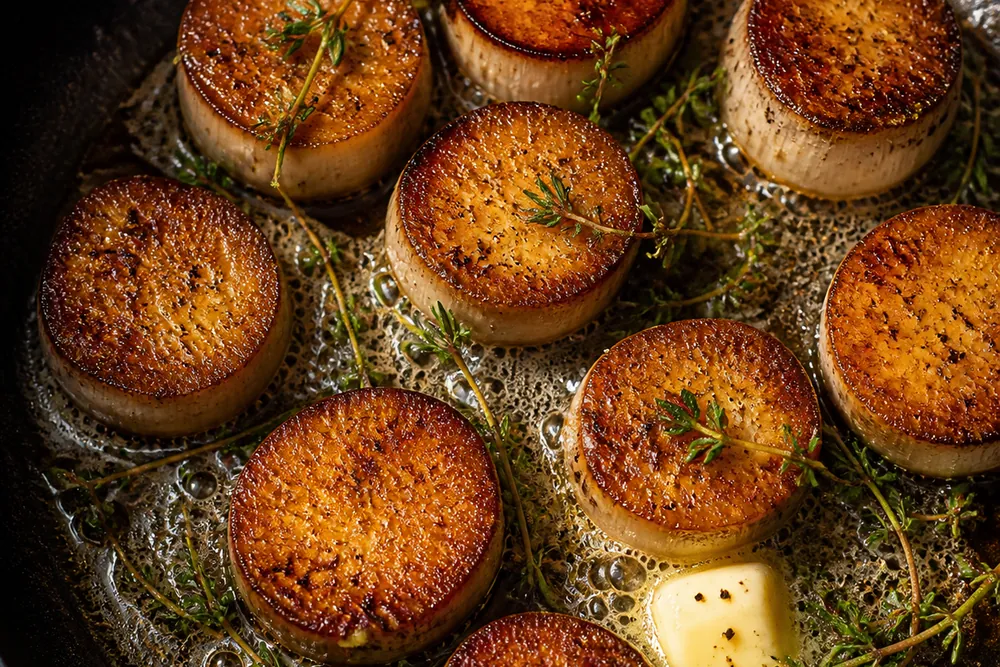 Thick rounds of blue oyster stem seared crosswise in a skillet with butter and thyme, deeply crusted on the flat faces