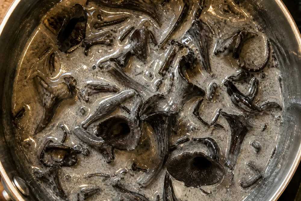 Black trumpet mushrooms simmering in a small pan of cream that has turned gray-black from them
