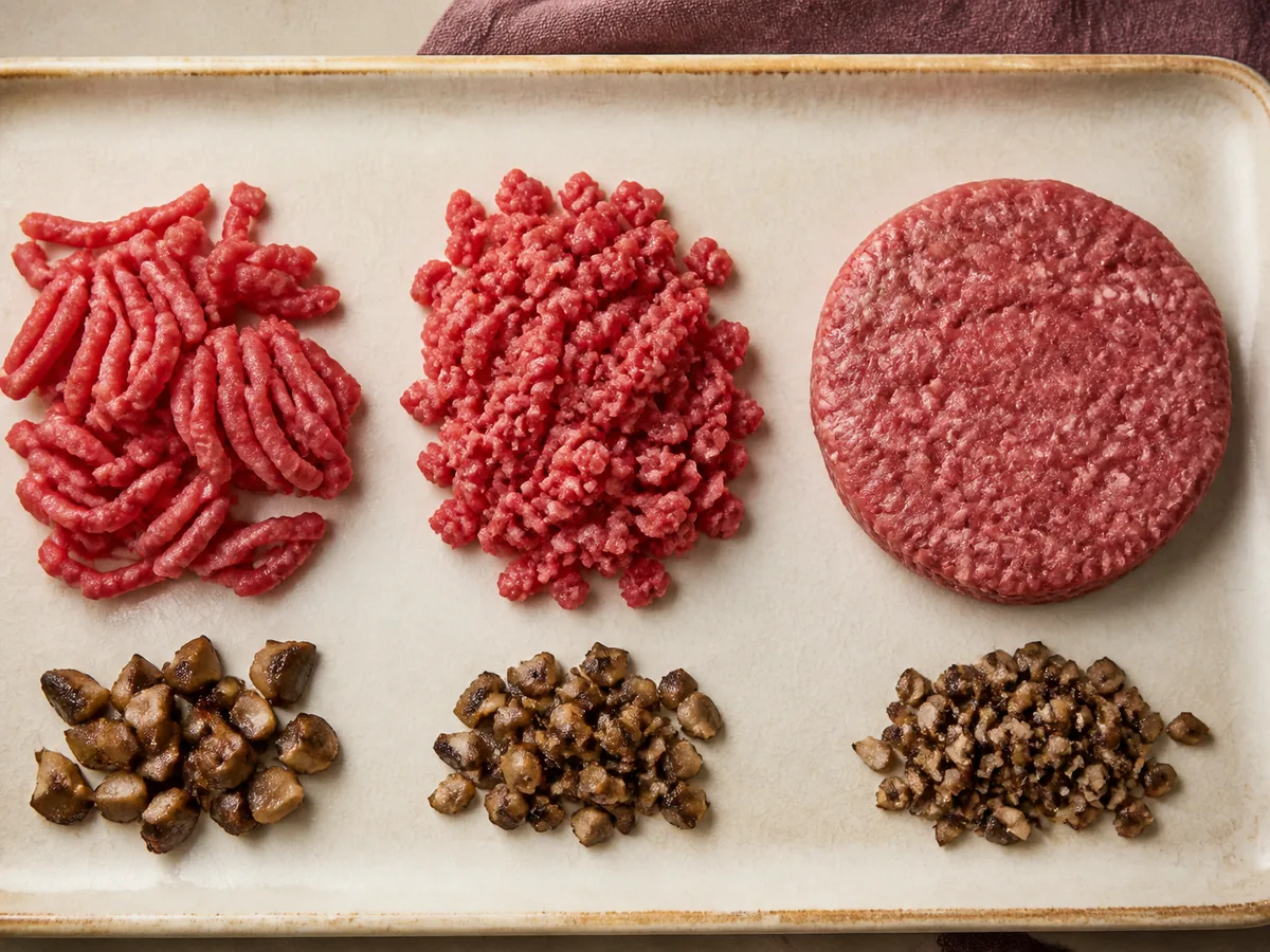 Cooked cremini mince beside ground beef granules and a formed burger patty