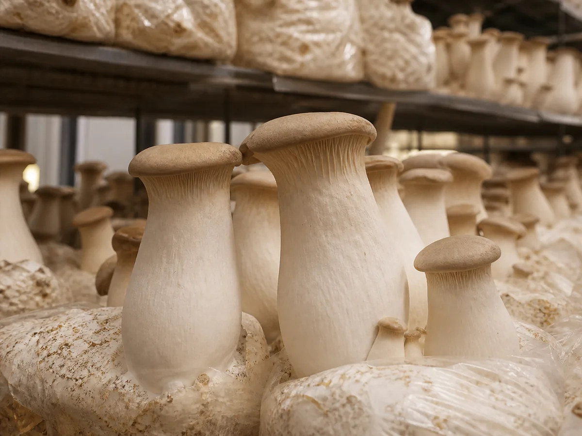 Thick-stemmed king oyster mushrooms growing from cultivation blocks in a production room