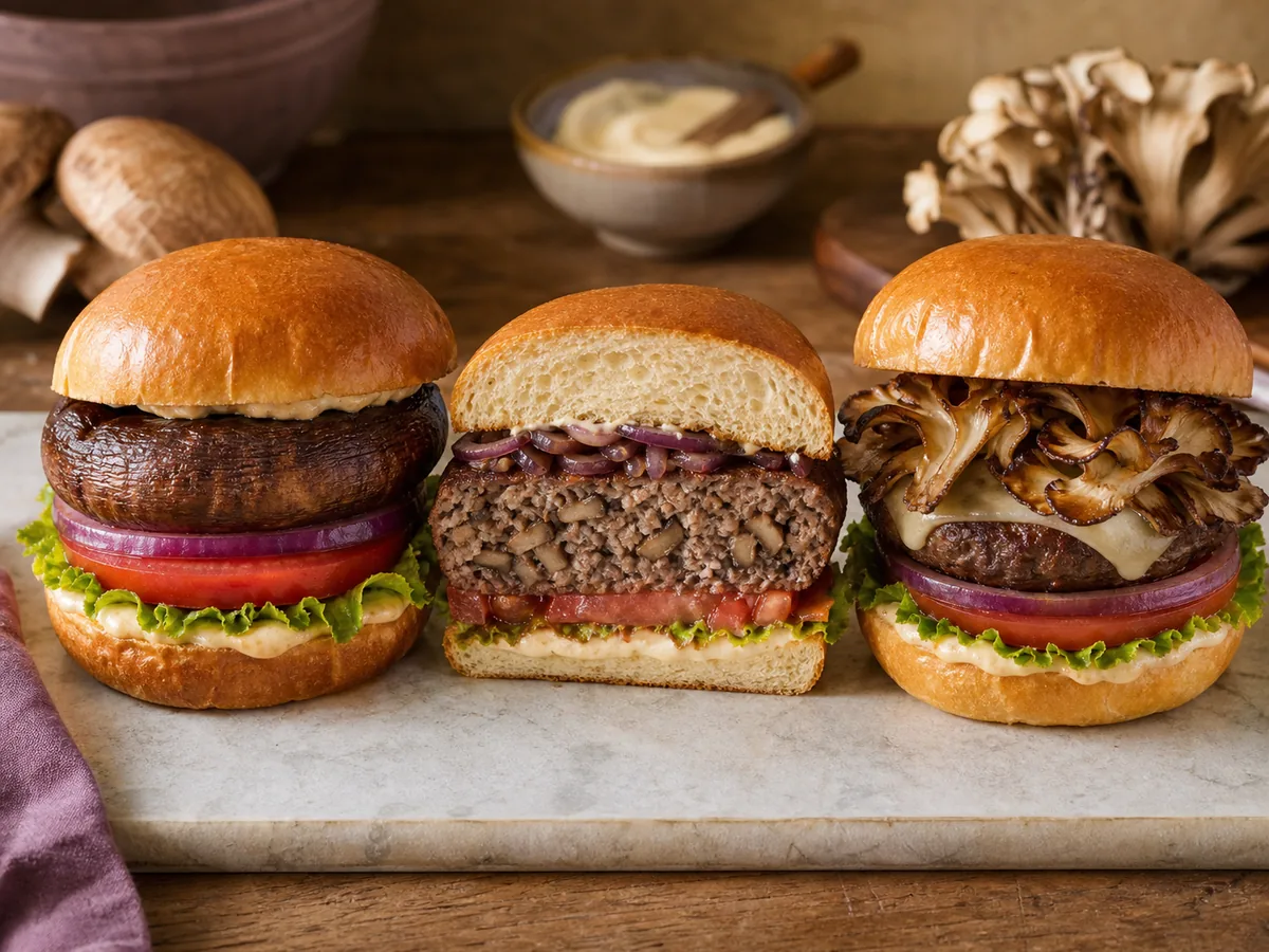 A portobello cap burger, a cutaway blended mushroom and beef patty, and crisp maitake topping shown side by side