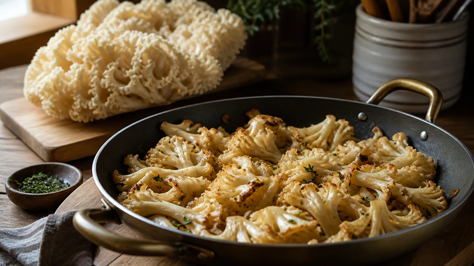 Clean cauliflower mushroom lobes sautÃ©ed until lightly golden