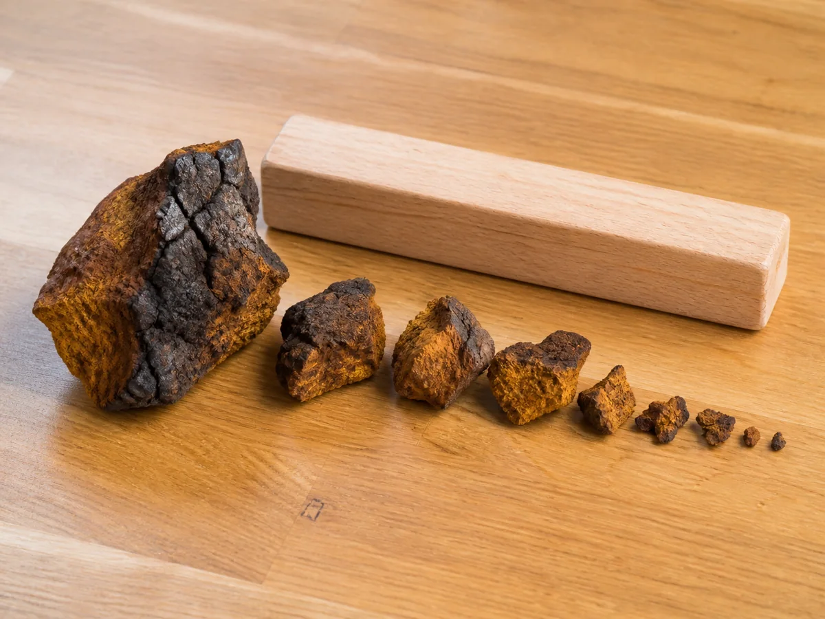 Whole and broken chaga pieces arranged from a large hard chunk to coarse walnut-size fragments beside an unnumbered wooden gauge