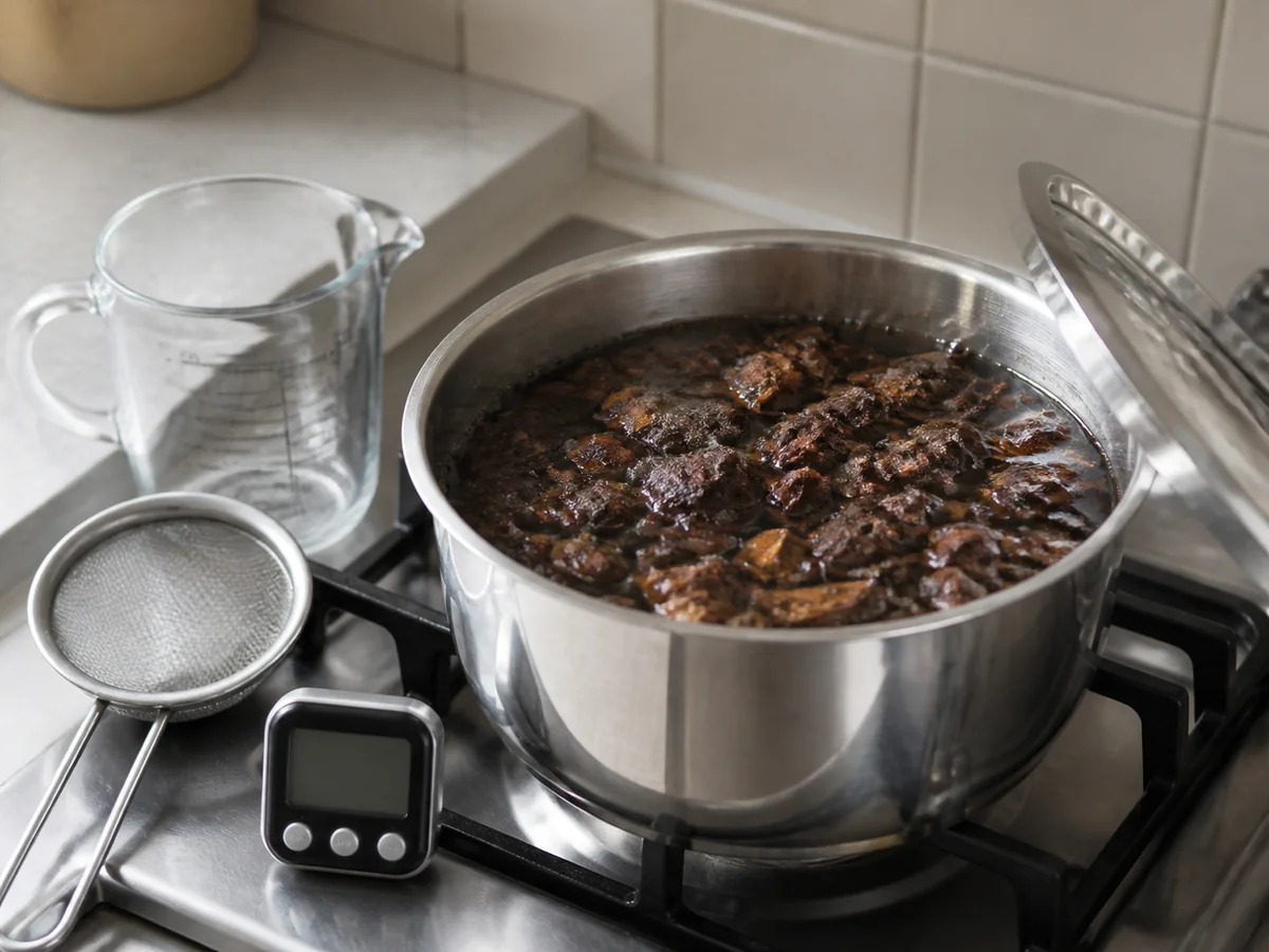 Chaga chunks at a gentle simmer beside a measuring jug, lid, timer, and fine strainer