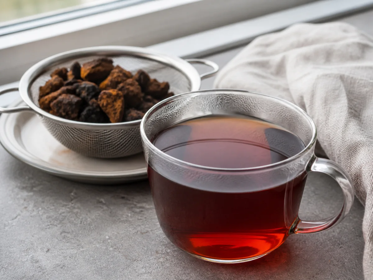 Clear dark amber chaga decoction in a glass cup with coarse spent chunks draining separately