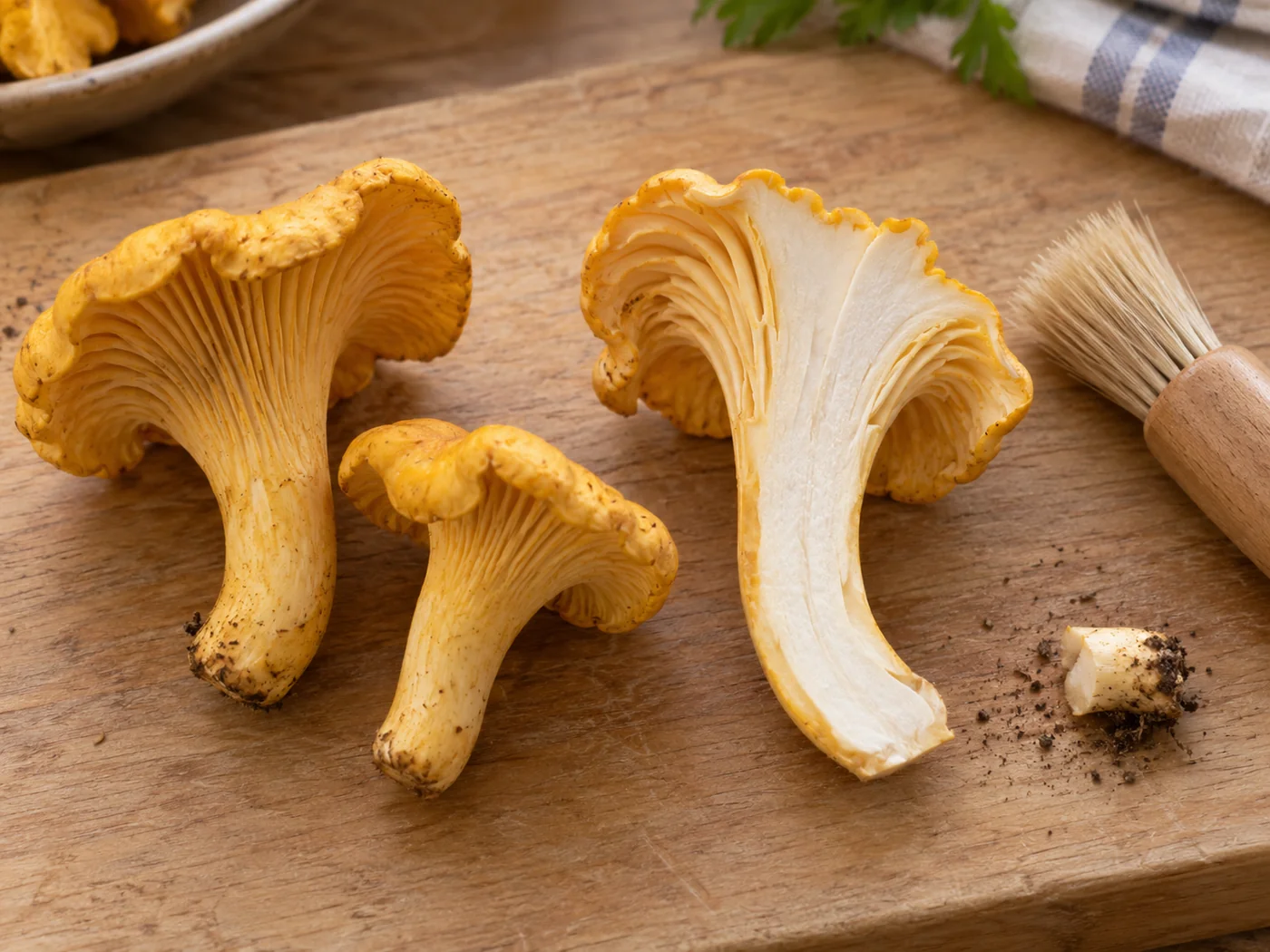Small whole golden chanterelles beside a lengthwise-split larger mushroom, soft brush and separated stem trimming