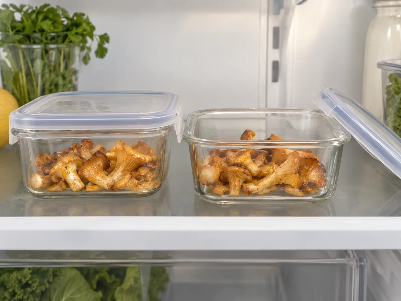 Two small shallow containers of cooked golden chanterelles on a clean refrigerator shelf