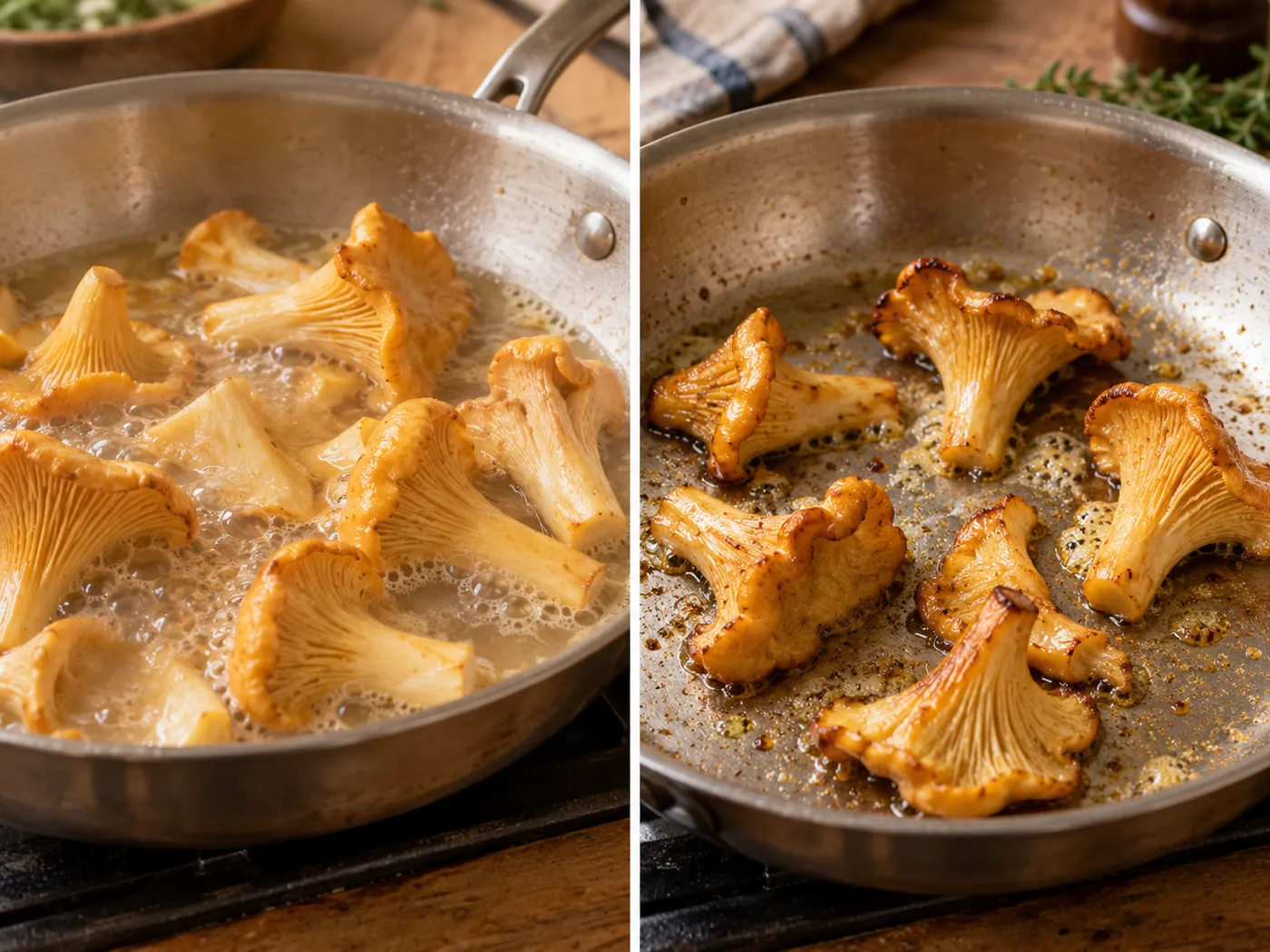 Two skillet views showing chanterelles in shallow bubbling liquid and cooked chanterelles in a nearly dry pan with a little fat