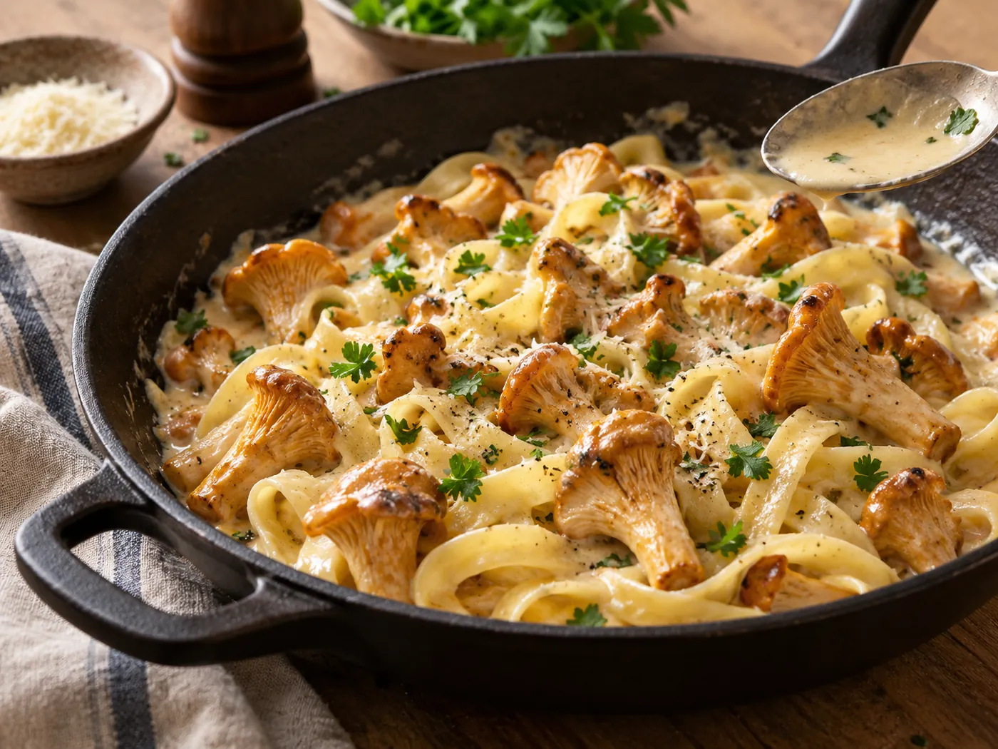 Whole and split golden chanterelles among ribbon pasta lightly coated in pale cream sauce