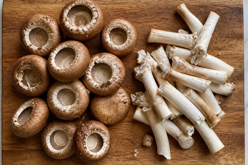 Chestnut mushrooms on a board separated into caps and long firm pale stems