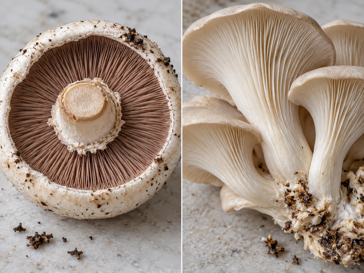 Button mushroom underside and oyster cluster base shown close up