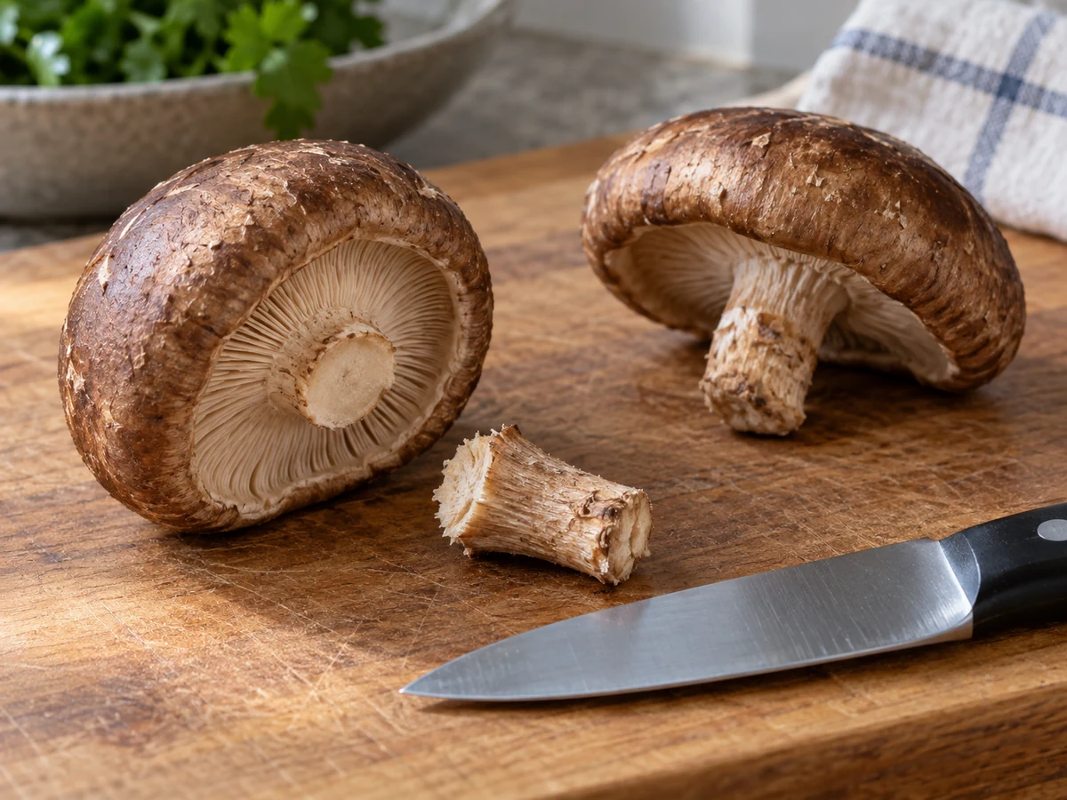 A shiitake cap beside its separated fibrous stem on a clean board