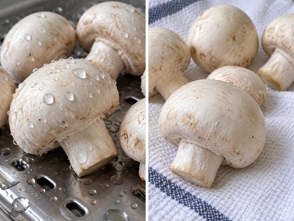 Button mushroom caps with visible droplets beside caps blotted on a clean towel