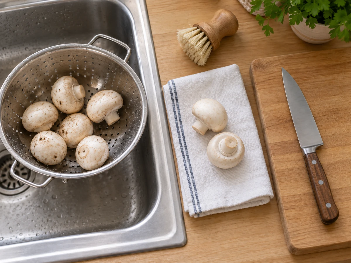 A clean colander, soft brush, folded towel and cutting board arranged beside a sink