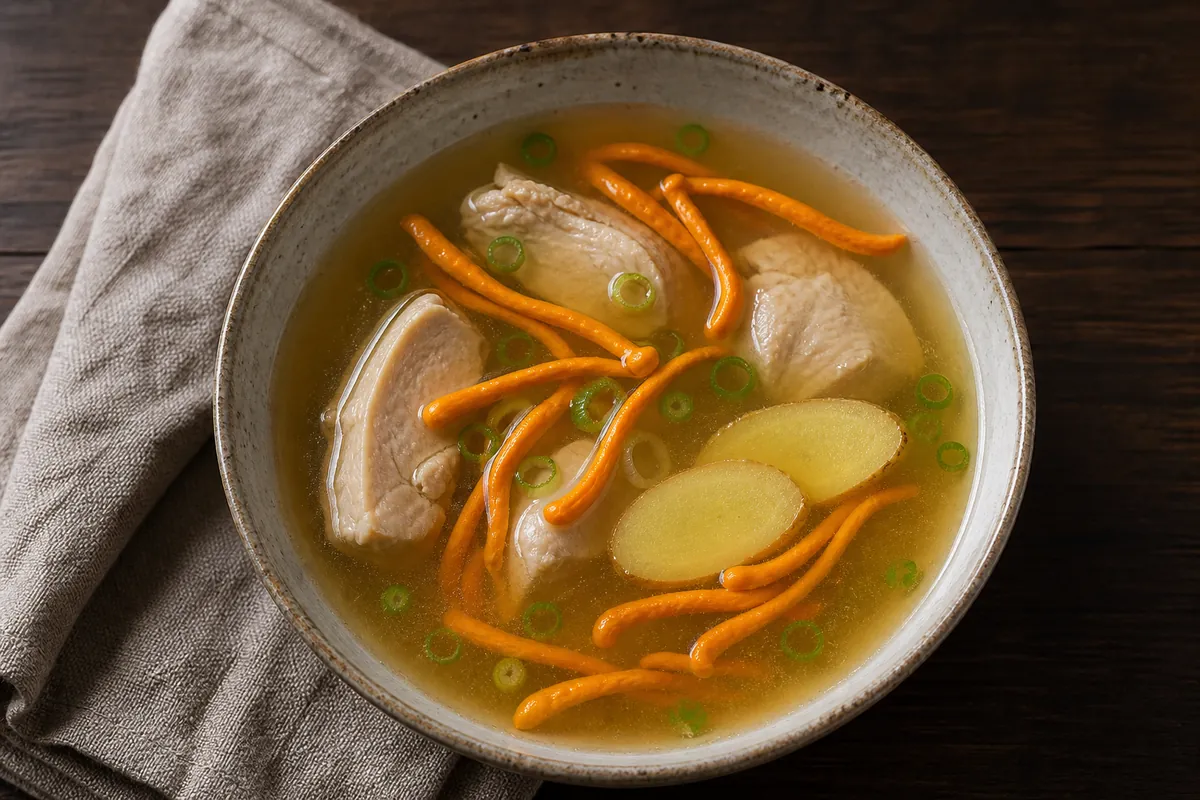 Clear chicken and ginger broth with orange Cordyceps militaris fruiting bodies and scallion