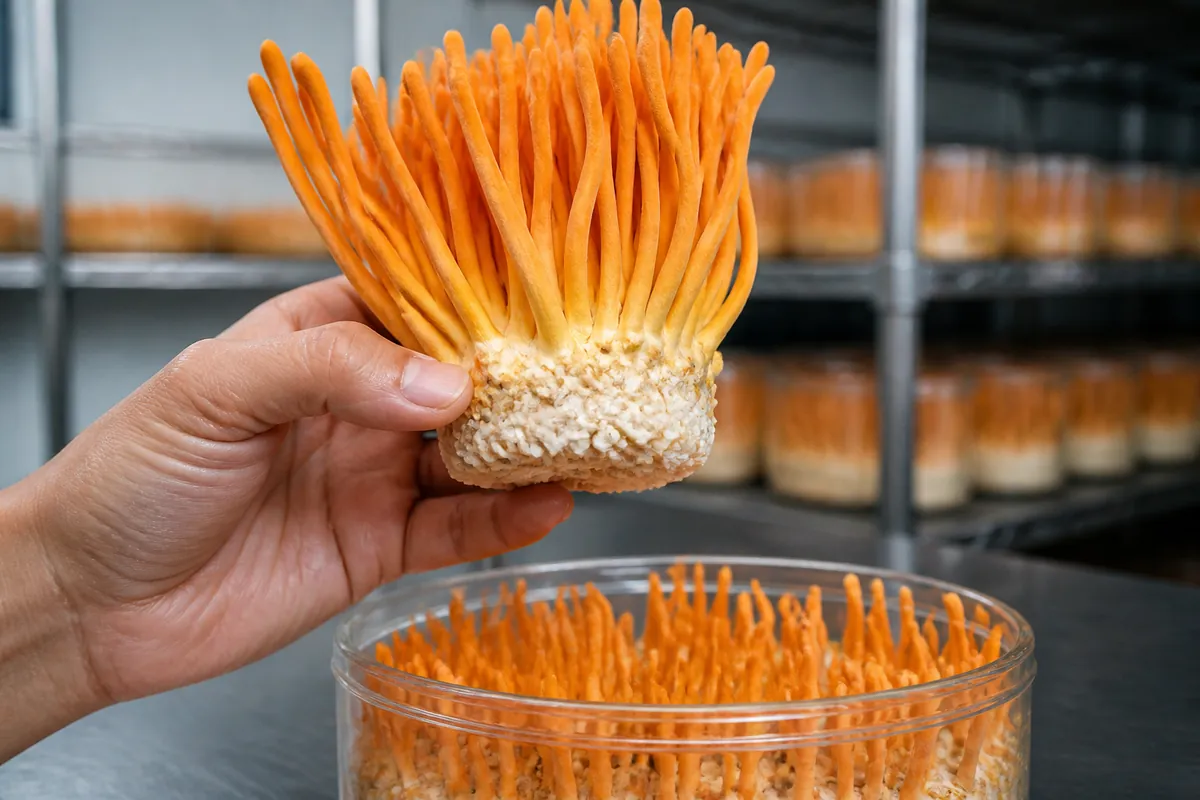 An intact cultivated Cordyceps militaris cluster lifted from a clean grain block with its pale compacted base visible
