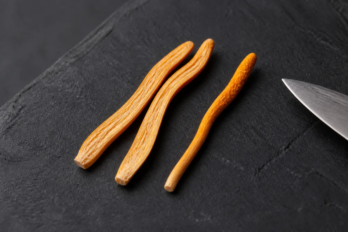 Fresh Cordyceps militaris split lengthwise beside an intact club, showing its dense orange fibrous interior