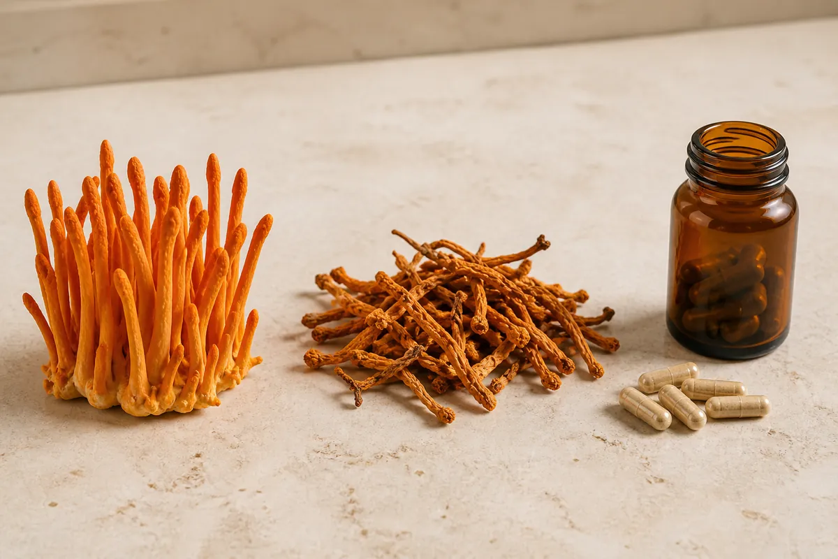 Fresh orange Cordyceps militaris clubs, dried orange-gold fruiting bodies, and an unlabeled supplement container arranged separately