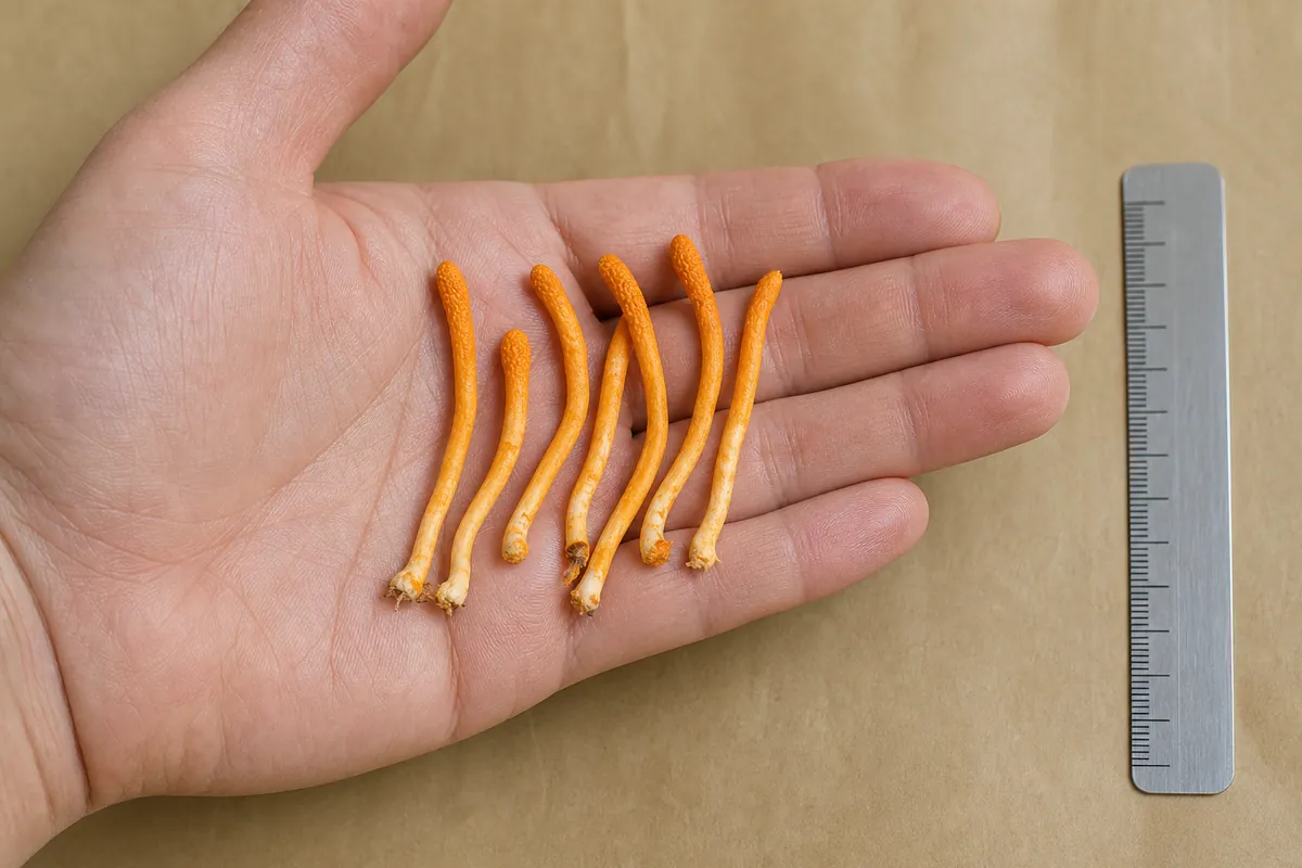 Cultivated orange Cordyceps militaris fruiting bodies resting across an adult palm beside a metric ruler