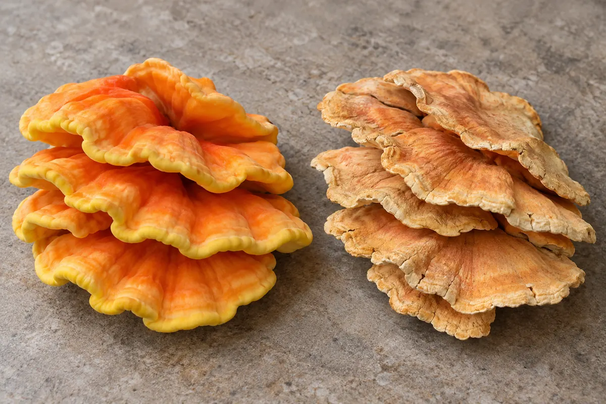 Young moist chicken of the woods shelf beside an older faded dry shelf