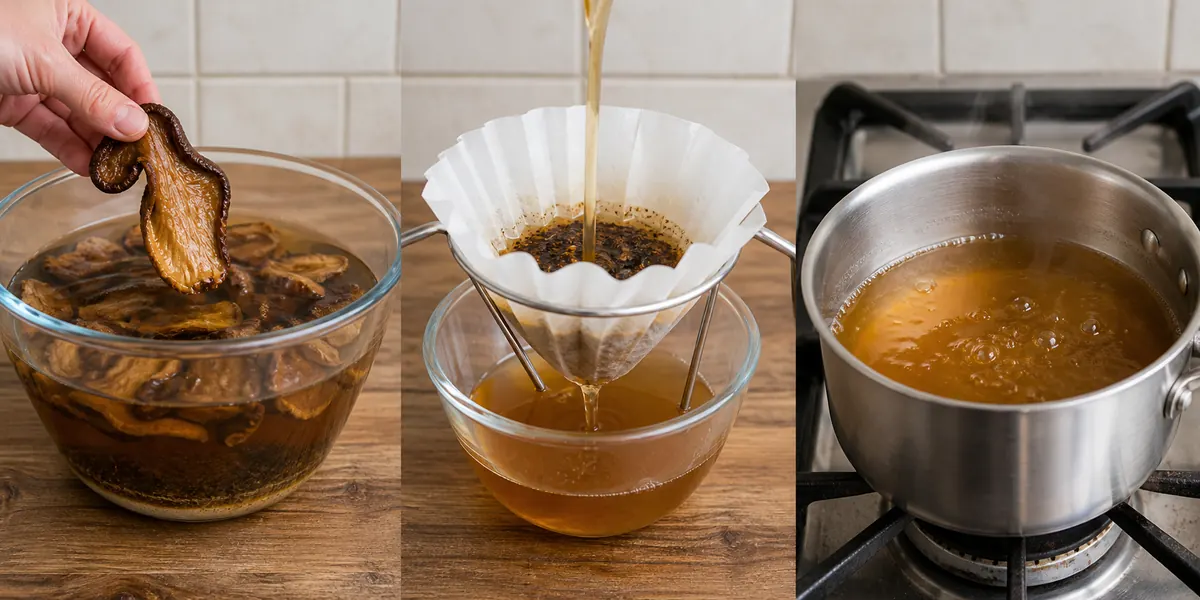 Soaked porcini lifted from amber liquid, followed by fine filtering and reduction in a small pan
