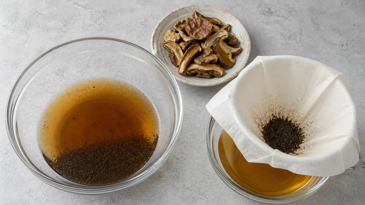 Soaked dried porcini beside a fine filter and a bowl of clear amber liquid