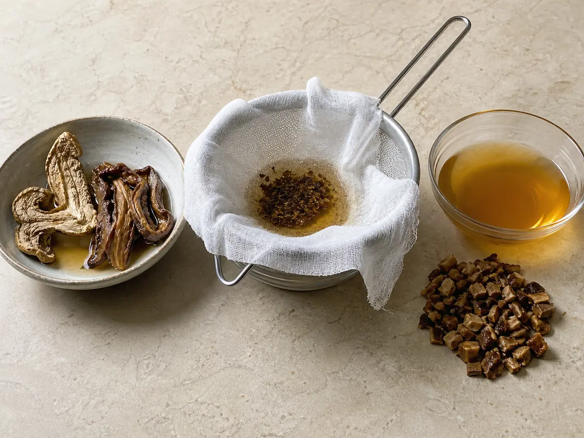 Soaked dried porcini beside a fine filter, clear amber liquid, and finely chopped rehydrated pieces