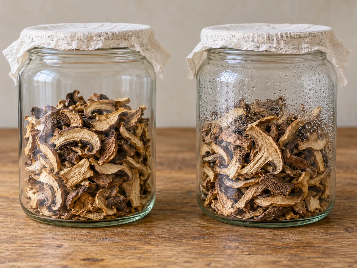 Two lightly covered glass containers of dried mushroom pieces, one clear and one with moisture beads on the inner wall