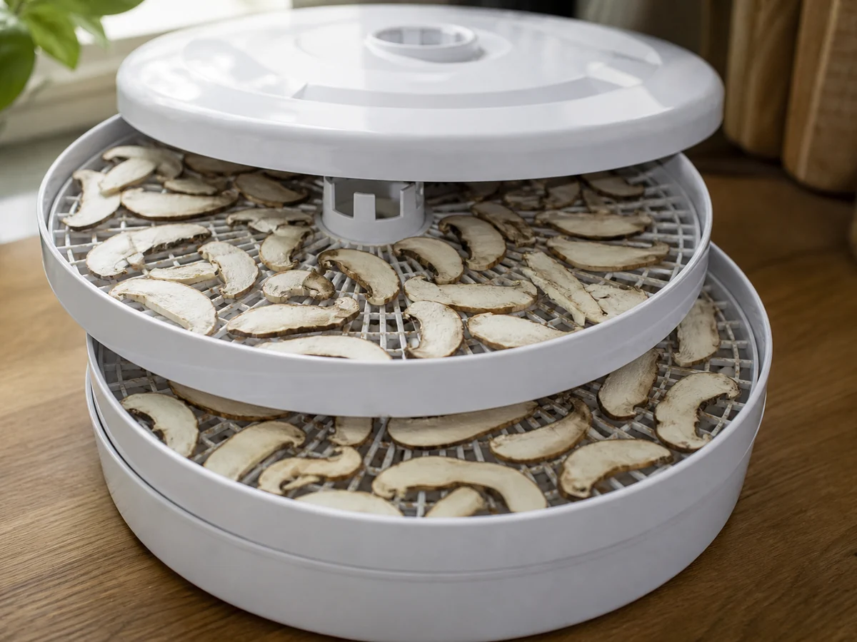 Food dehydrator with two trays pulled out showing thin mushroom slices in a single even layer