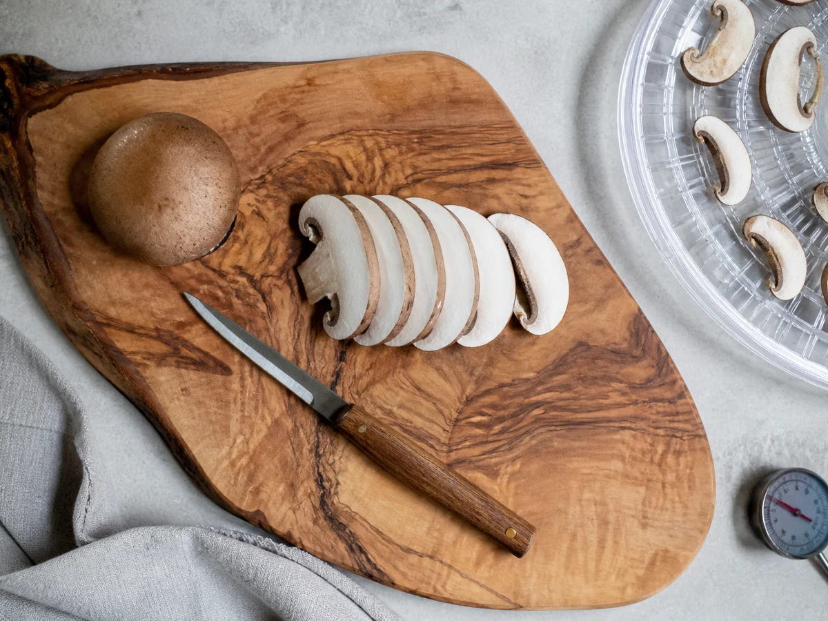 Thin knife, a whole mushroom and a fan of evenly cut slices on a wooden board beside a dehydrator tray